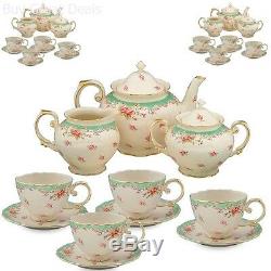 11 Piece China Tea Set Service Vintage Look Green Rose Porcelain Pot Saucers Cup