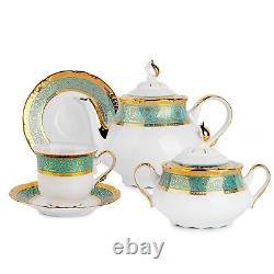14 pc Czech Porcelain Tea Service Set Gold Turquoise European Fine China Tea Set