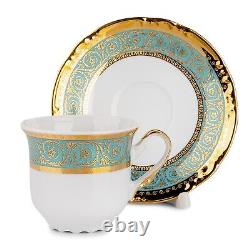 14 pc Czech Porcelain Tea Service Set Gold Turquoise European Fine China Tea Set