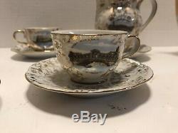 15 Piece Richard Ginori Panorama Scene Demitasse Tea Cup Set Teapot Gold Trim