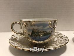 15 Piece Richard Ginori Panorama Scene Demitasse Tea Cup Set Teapot Gold Trim
