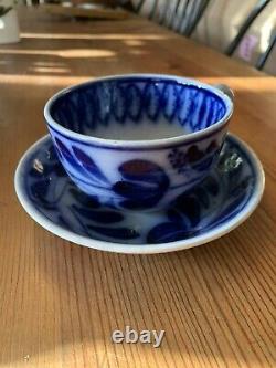 1850's Antique Flow Blue Spinach Brush Stroke Set of 8 Tea Cups & Saucers