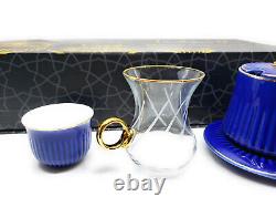 19 Pc Luxury Bone China & Glass Turkish Tea Glass and Gawa Cup Set + Sugar Bowl