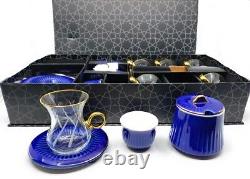 20 Pc Luxury Bone China & Glass Turkish Tea Glass & Gawa Cup Set with Sugar Bowl