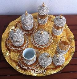 24 Pc Turkish Arabic-Coffee-Espresso-Water Tea Cup-Saucer Swarovski Set -GOLD