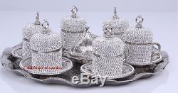 24 Pc Turkish Coffee Tea Cup Saucer CRESCENT STAR Tray Swarovski Set GOLD SILVER