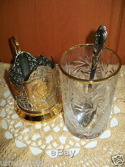 2 Russian Drinking Cup Glass Metal Holder Coat of Gold Arms USSR Gift Set tea