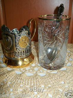 2 Russian Drinking Cup Glass Metal Holder Coat of Gold Arms USSR Gift Set tea