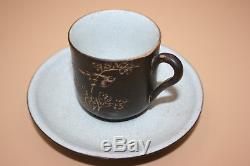 2 Set 20th C. Chinese Zisha Porcelain with Picture & Writing Tea Cup Plate -Signed
