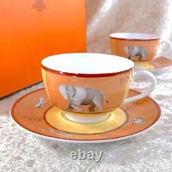 2 Sets x Authentic HERMES Tea Cup Saucer Porcelain Tableware AFRICA ORANGE wCase