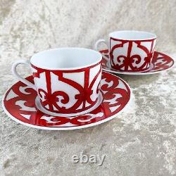 2 Sets x HERMES PARIS Tea Cup & Saucer Porcelain GUADALQUIVIR Red White with Case