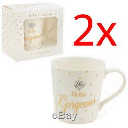 2 X Mad Dots Gorgeous Mug Diamante Heart Coffee Tea Cup Gift Set Fine China