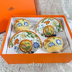 2 x Authentic HERMES La Siesta Yellow Orange Cup & Saucer Pairs Porcelain with Box