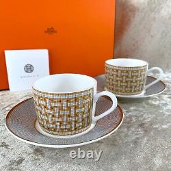 2 x Authentic HERMES Porcelain Tea Cup & Saucer Mosaique Au 24 Gold withCase