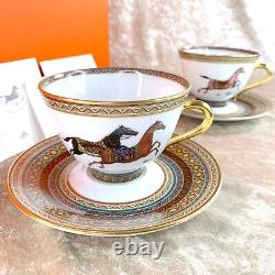 2 x Authentic HERMES Tea Cup Saucer Pair Cheval d'Orient Horse Porcelain withBox