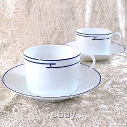 2 x HERMES Large Morning Tea Soup Cup & Saucer Porcelain RHYTHM BLUE Platinum