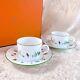 2 x HERMES Mesclun Tea Cup & Saucer Sets While Green French Porcelain withCase