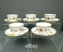 5 Richard Klemm Tea Cup & Saucer Set Dresden Hand Painted Floral Antique
