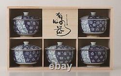 5pcs Hasami ware Japanese Tea Cup Set withLid Plum Navy Blue Flower UME Stylish