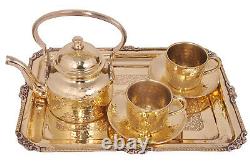 6 PCs Pure Brass Cup, Saucer and Tea Kettle Set with Serving Tray, Floral Design