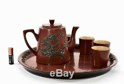 6 Pc Chinese Fujian Fuzhou Foochow Wood Lacquer Dragon Teapot Tea Cup Tray Set