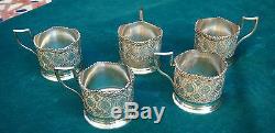 84 Silver Set Of 5 Tea Cup Holders Lion Stamp By Mozafarian- 517gr Middle East