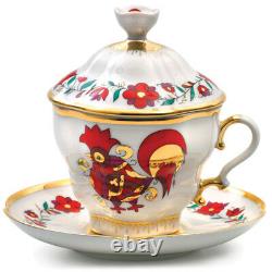 8.4 fl oz Imperial Porcelain Tea Cup and Saucer Lomonosov Porcelain Roosters