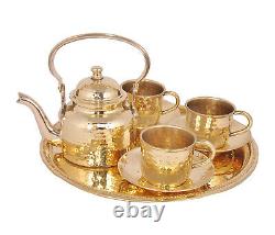 8 PCs Pure Brass Cups n Saucers Set, Serving Brass Tray, Tea Kettle, Gift Item