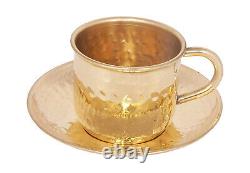 8 PCs Pure Brass Cups n Saucers Set, Serving Brass Tray, Tea Kettle, Gift Item