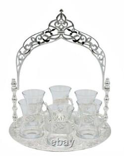 8 Pc Traditional Turkish Style Tea Serving Set with Arched Tray (Antique Silver)