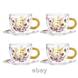 8pc Ashdene Pressed Flowers 350ml Double Walled Glass Tea Cup Mug & Saucer Set