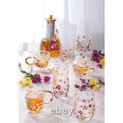 8pc Ashdene Pressed Flowers 350ml Double Walled Glass Tea Cup Mug & Saucer Set