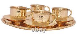 9 PCs Handmade Pure Brass Cups n Saucers Set with Serving Brass Tray, Gift Item