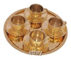 9 PCs Handmade Pure Brass Cups n Saucers Set with Serving Brass Tray, Gift Item