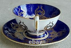 AYNSLEY Cobalt Blue Cabbage Rose Signed J. A. Bailey Teacup and Saucer Set