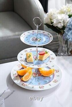 Afternoon Tea Cake Set with- 3 Tier Cake Stands 2 Cups 2 Saucers 4 Plates (Blue)