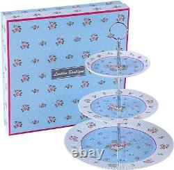 Afternoon Tea Cake Set with- 3 Tier Cake Stands 2 Cups 2 Saucers 4 Plates (Blue)