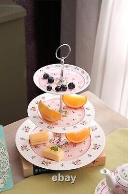 Afternoon Tea Cake Set with- 3 Tier Cake Stands 2 Cups 2 Saucers 4 Plates (Pink)