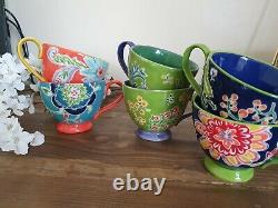 Anthropologie Set Of 6 Pedestal Mugs Large Floral Multicoloured Boho