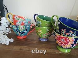 Anthropologie Set Of 6 Pedestal Mugs Large Floral Multicoloured Boho