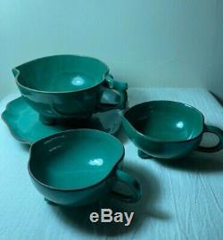Antiq Chinese Qing Republic Yixing Zisha Pottery Jade Green Glaze Teacup Tea Set