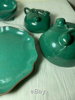 Antiq Chinese Qing Republic Yixing Zisha Pottery Jade Green Glaze Teacup Tea Set
