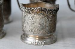 Antique 6 Hand Engraved Silver Tea Cup Holders Set