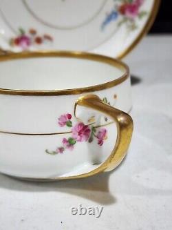 Antique Ambrosius Lamm Dresden Floral Gold Tea Cup/ Bullion Set 2 Handle