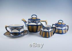 Antique Art Nouveau Secessionist Complete Mettlach Ceramic Tea Set w Cup, Saucer