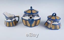 Antique Art Nouveau Secessionist Complete Mettlach Ceramic Tea Set w Cup, Saucer