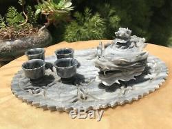 Antique Asian Hand Carved Marble Stone Dragon Teapot 4 Tea Cups Set & Tray