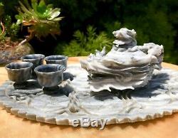 Antique Asian Hand Carved Marble Stone Dragon Teapot 4 Tea Cups Set & Tray