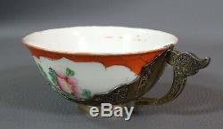 Antique Asian Porcelain Sterling Silver Holder Saucer Cup Demitasse Tea Set