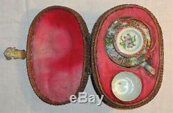 Antique Chinese Famille Rose Medallion Porcelain Tea Pot Cup Set with Woven Basket